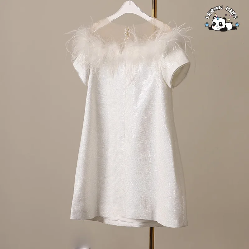 LEZONKIDS - Short Sleeved Sequin Dress feather decoration kids dress off-Shoulder party girls dress